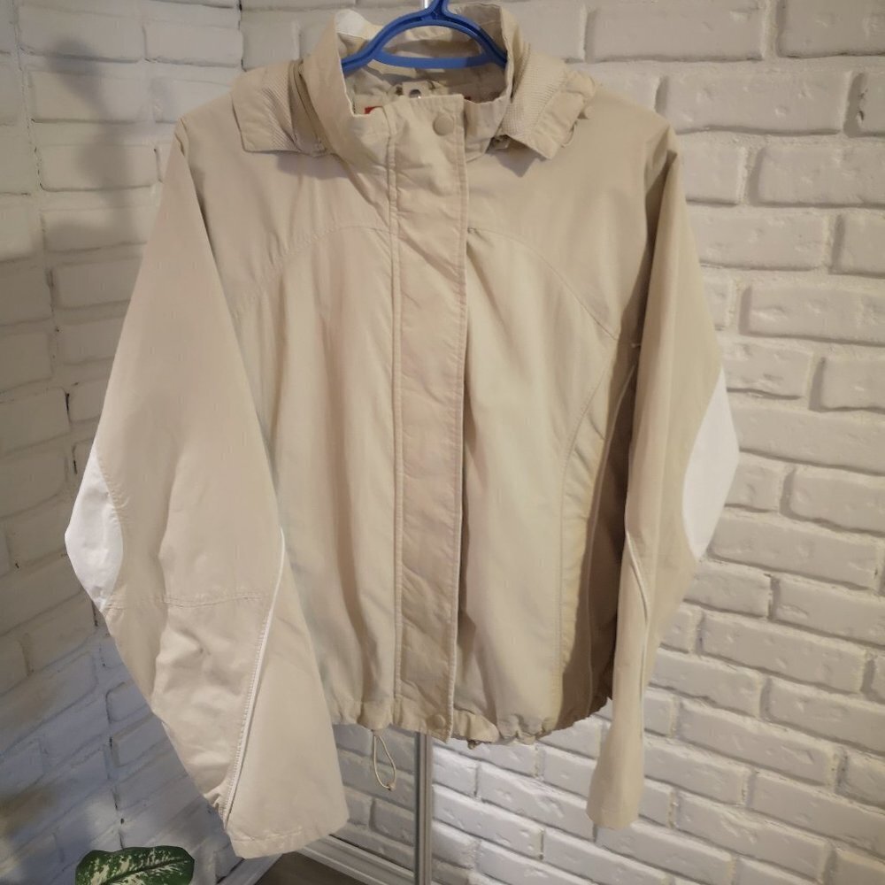 Garoche Ladies Size Large Beige & White Mesh Lined Removable Hood Jacket